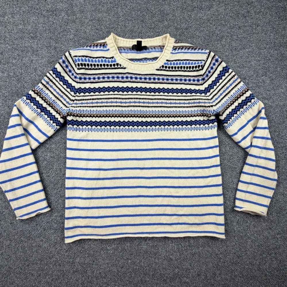 J.Crew Small 100% Wool Fair Isle Striped Crewneck Sweater Cream Blue